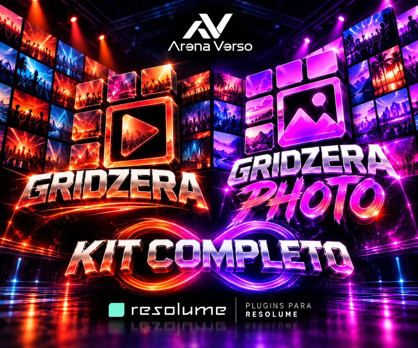 Arte oficial Gridzera Complete — Kit completo — Arena Verso, plugins para Resolume