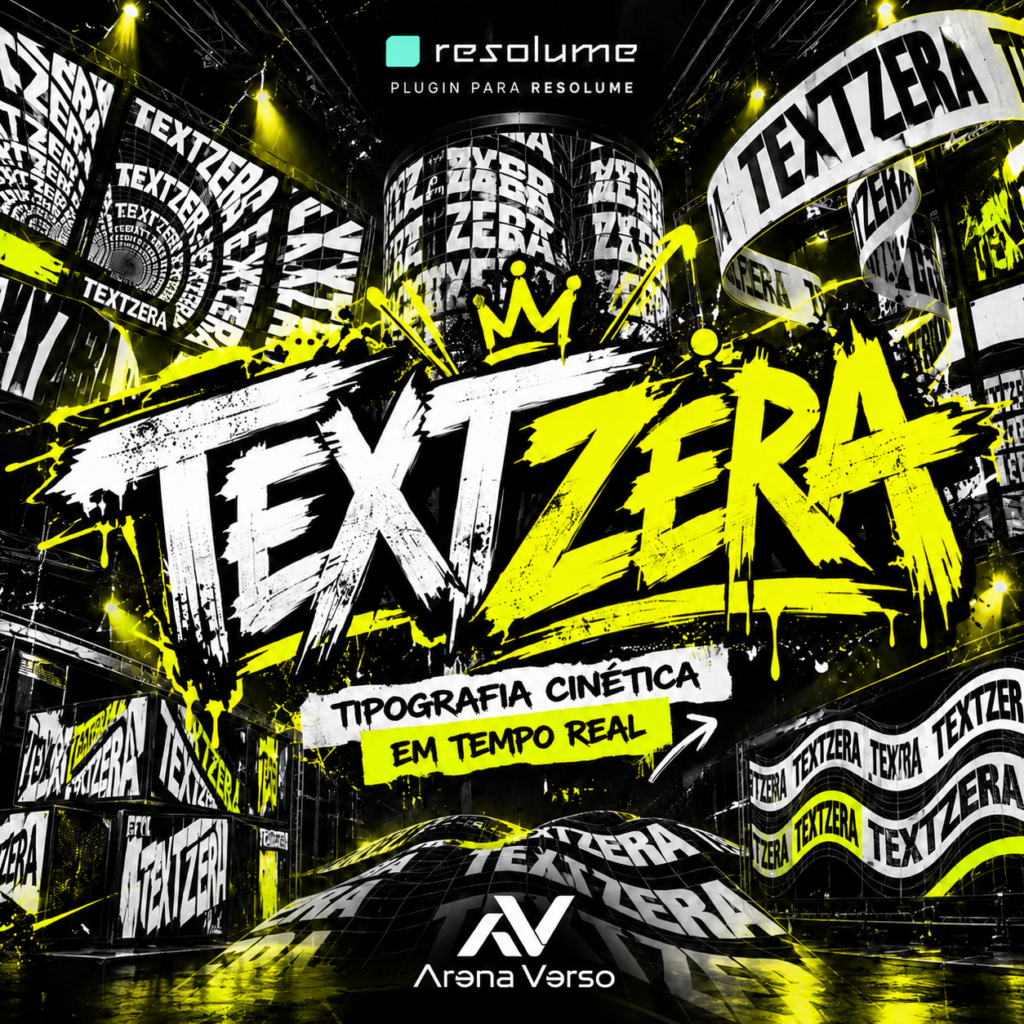 Textzera — tipografia cinética para Resolume. Arte oficial Arena Verso em preto, branco e amarelo neon.